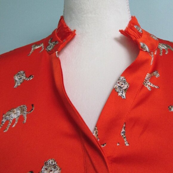 Nwot Leopard-Print Ruffle-Neck Long Sleeve Blouse-Reddish Orange-1P/8 - Picture 2 of 16